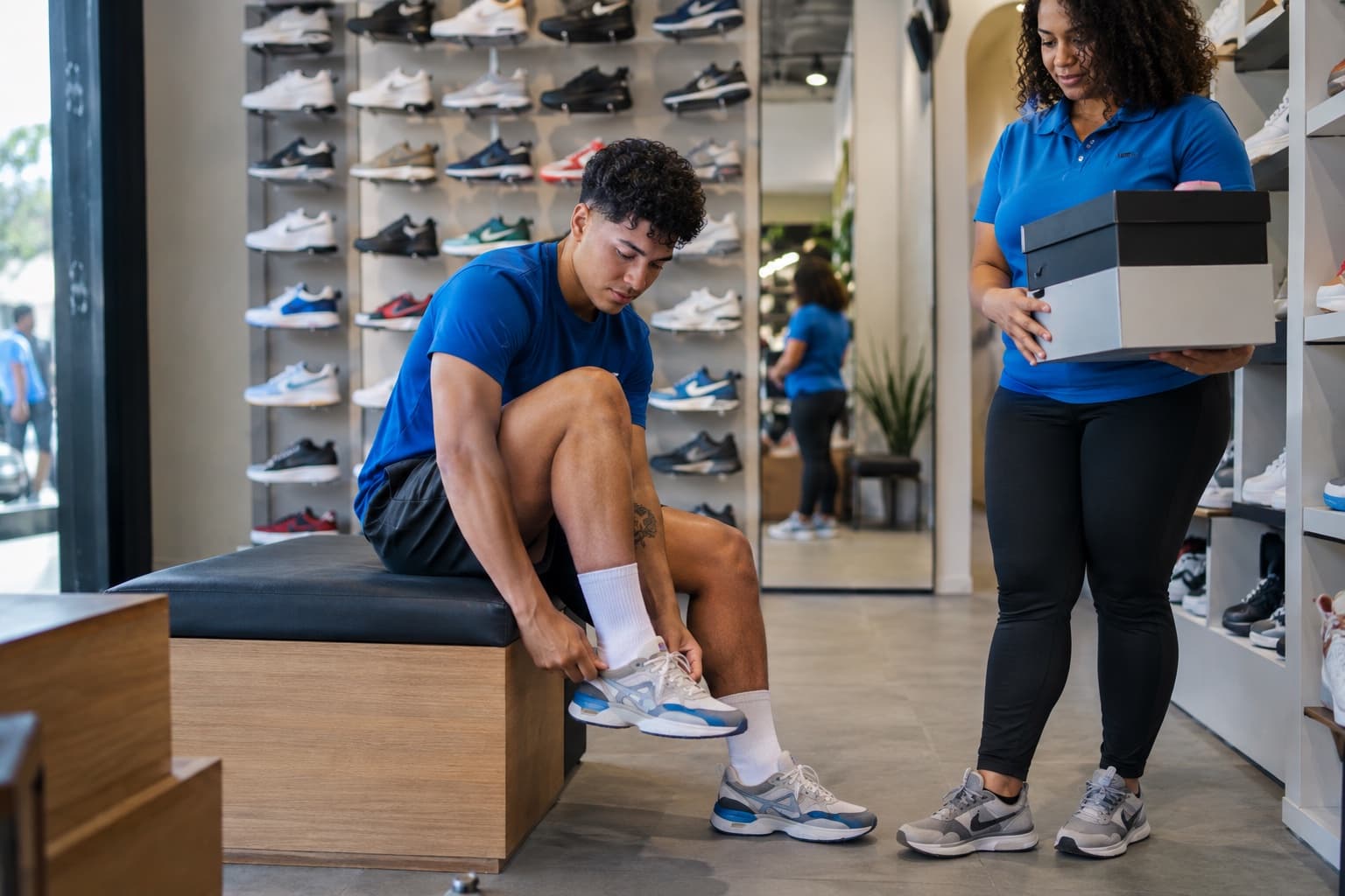 Jovem de jaqueta azul experimentando tênis sentado no banco de uma loja de sneakers com parede de tênis expostos e vendedor segurando caixas