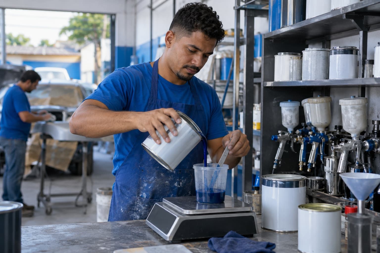 Balconista de avental azul pesando tinta automotiva numa balança digital ao lado do banco de cores de uma loja de tintas automotivas