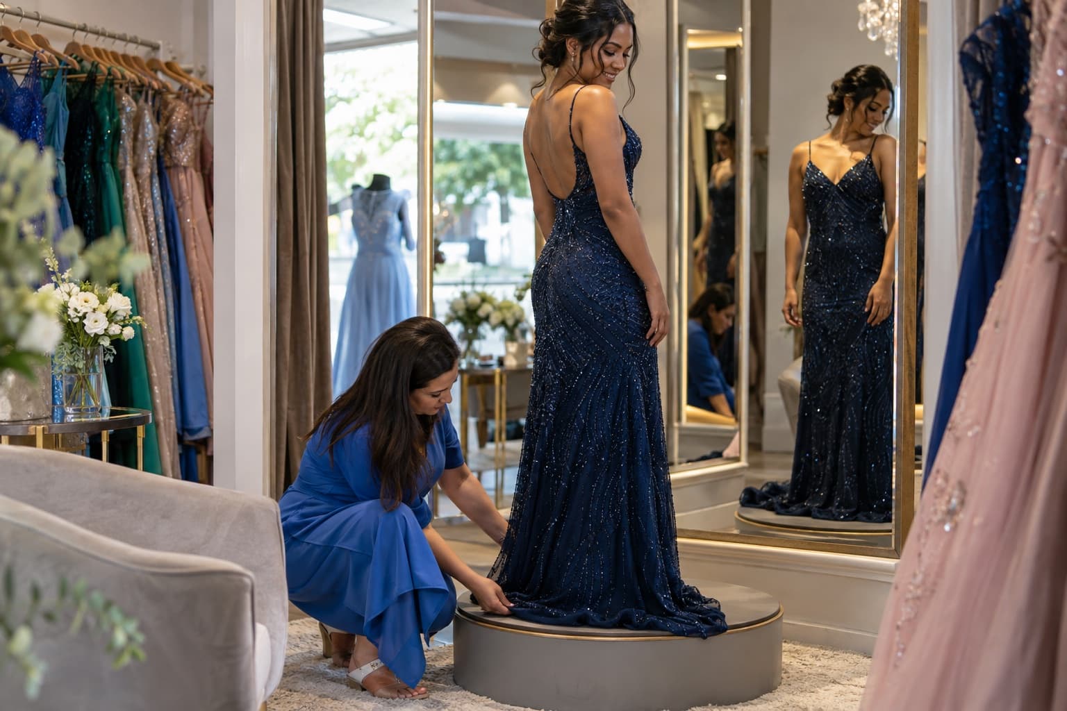 Vendedora de vestido azul ajustando a barra de um vestido longo de festa numa cliente sobre um pequeno tablado diante de espelhos numa loja de vestidos de festa