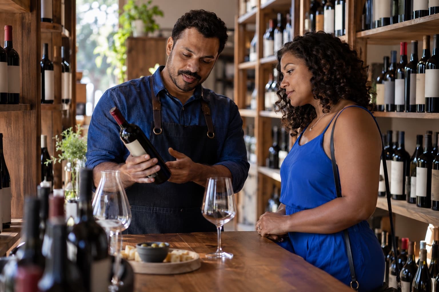 Sommelier da loja mostrando uma garrafa de vinho tinto a um cliente entre adegas de madeira cheias de garrafas, com taças num balcão de degustação