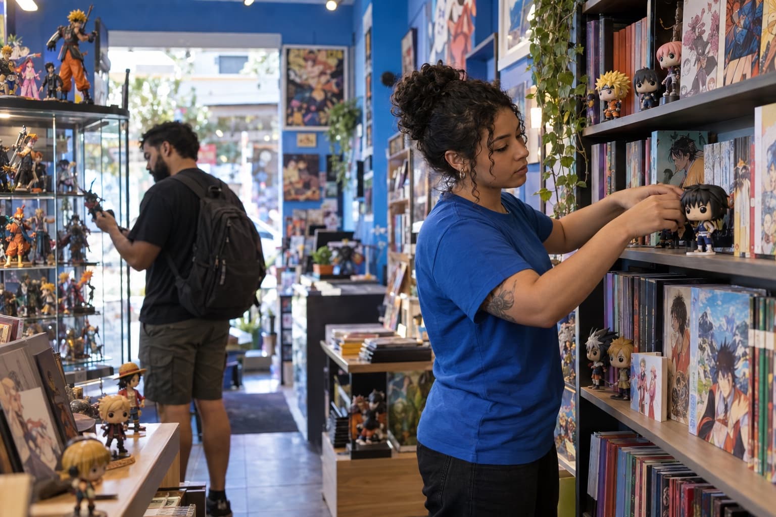 Atendente arrumando bonecos colecionáveis e volumes de mangá em prateleiras coloridas de uma loja geek
