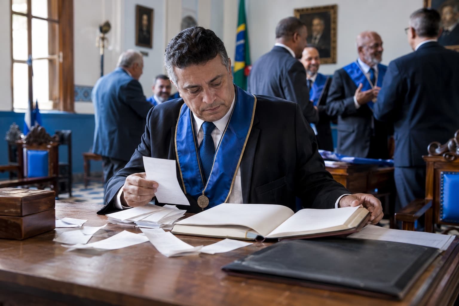 Tesoureiro de terno conferindo recibos e um livro-caixa em uma mesa de madeira no salão de uma associação