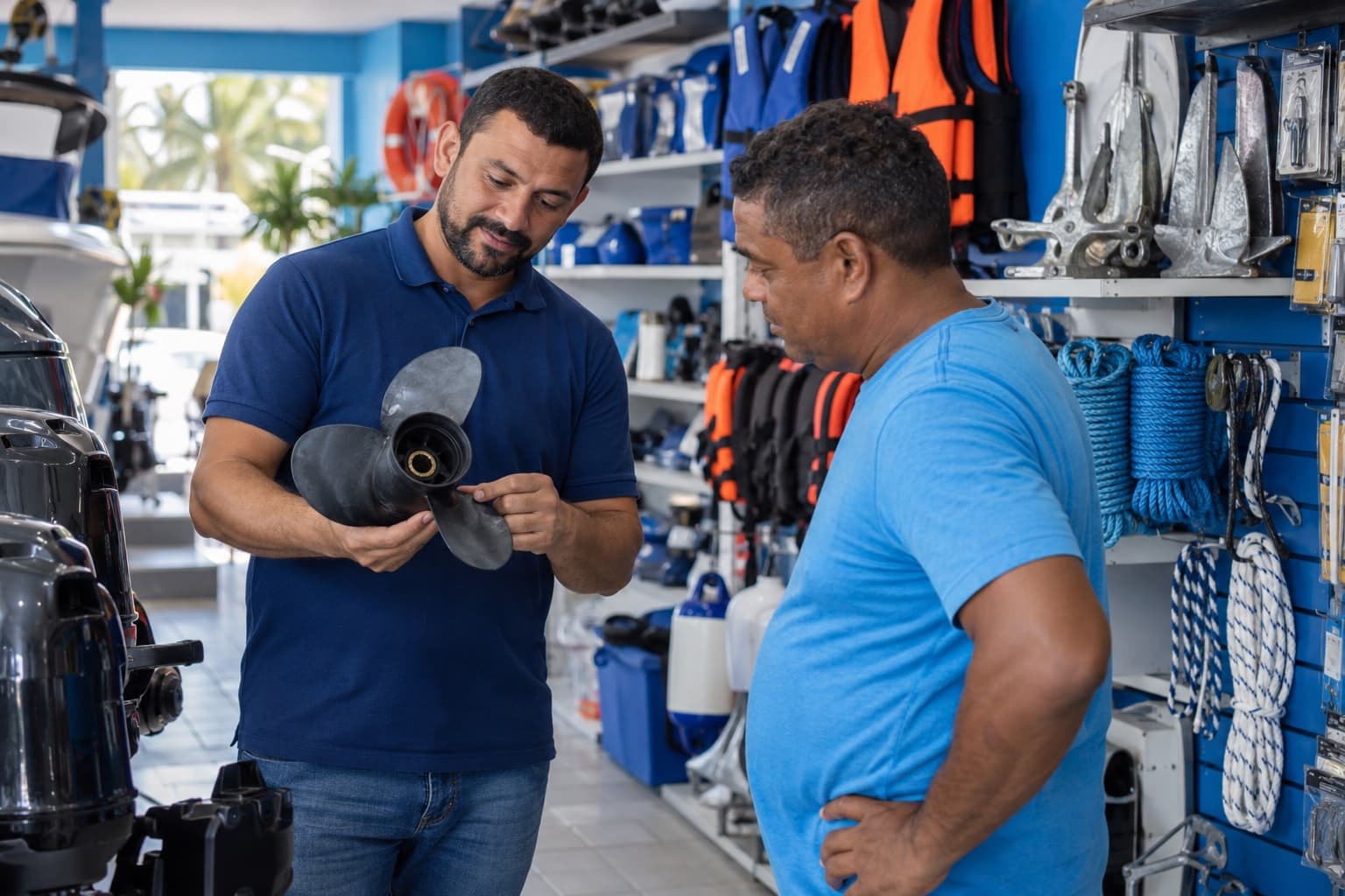 Vendedor mostrando uma hélice de motor de popa a um cliente numa loja com coletes, cabos e âncoras nas prateleiras