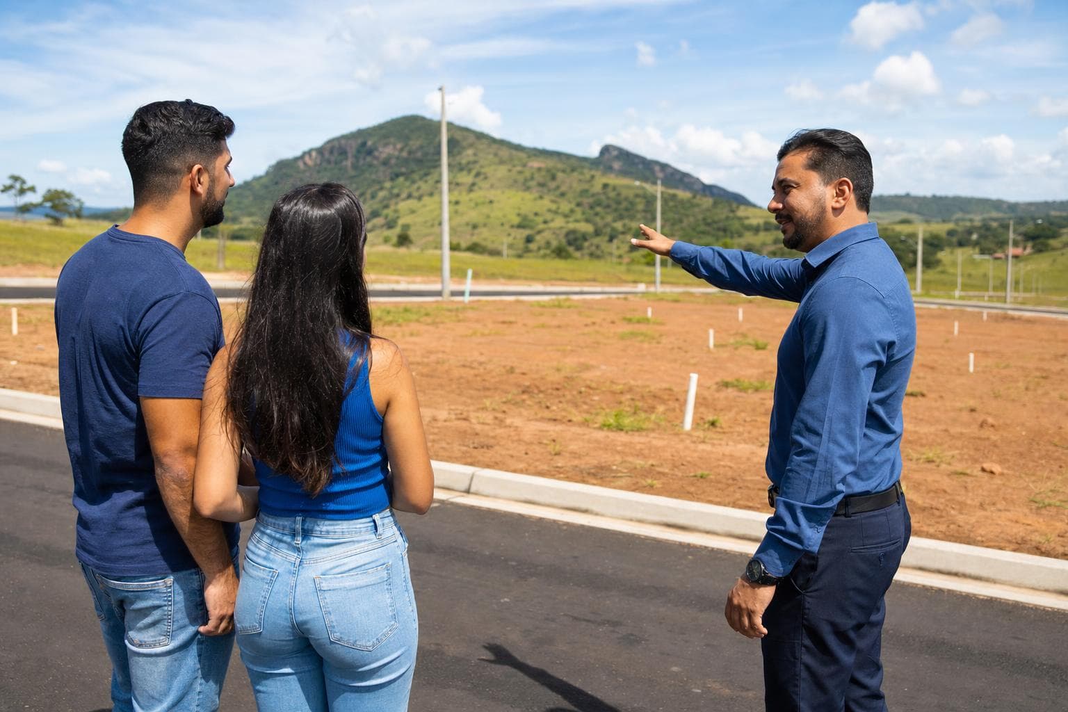 Corretor mostrando um lote demarcado com estacas a um casal em loteamento com ruas recém-abertas