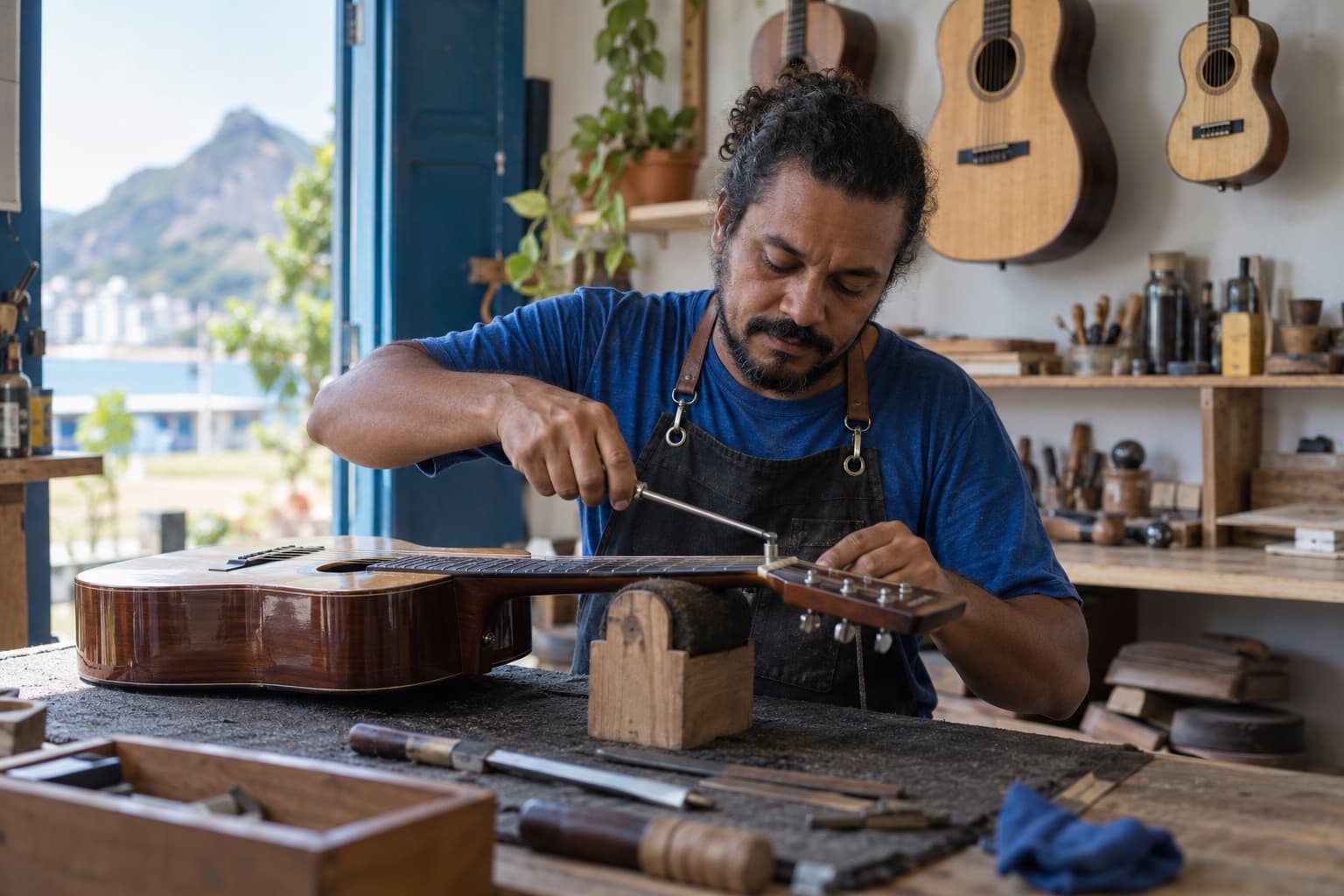 Luthier ajustando o braço de um violão na bancada, com violões e um cavaquinho pendurados na parede