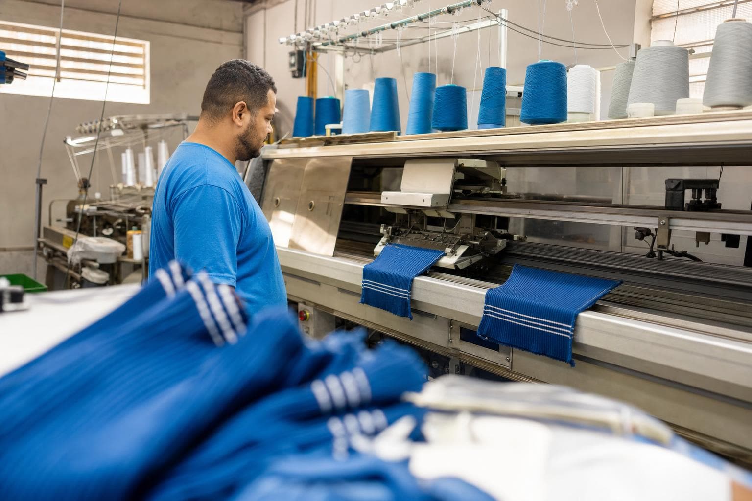 Operador acompanhando uma máquina de tricô retilínea produzindo painéis de malha