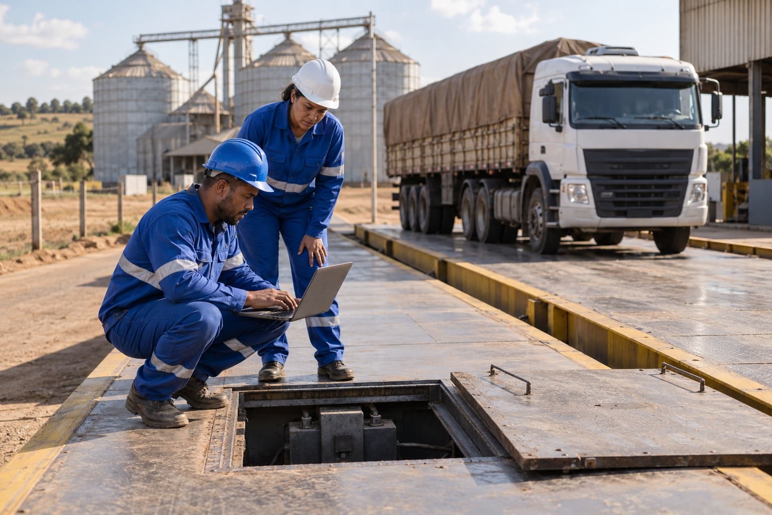 Dois técnicos de uniforme azul e capacete conferindo a plataforma de uma balança rodoviária no pátio de um armazém, com notebook ao lado de uma tampa de inspeção aberta