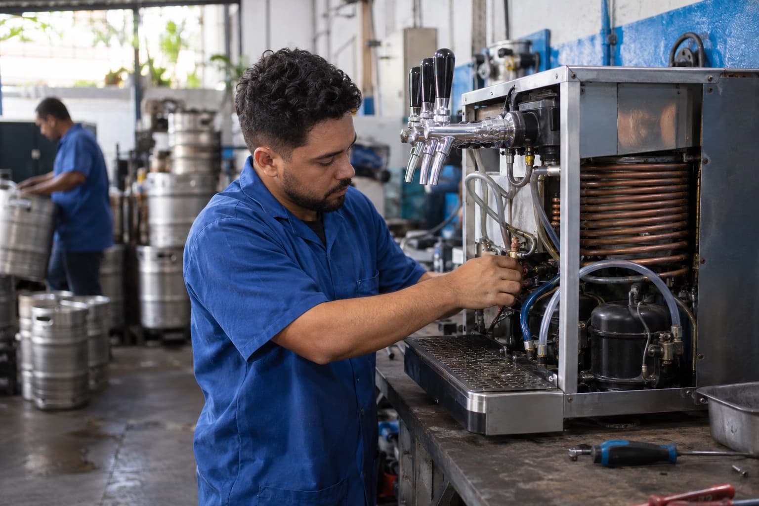 Técnico de uniforme azul fazendo manutenção numa chopeira elétrica aberta com serpentina e torneiras sobre uma bancada, com barris de chope ao fundo