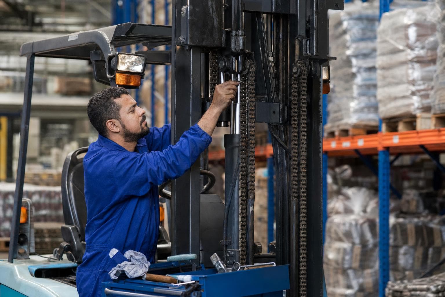 Mecânico fazendo manutenção no mastro de uma empilhadeira a combustão dentro de um armazém