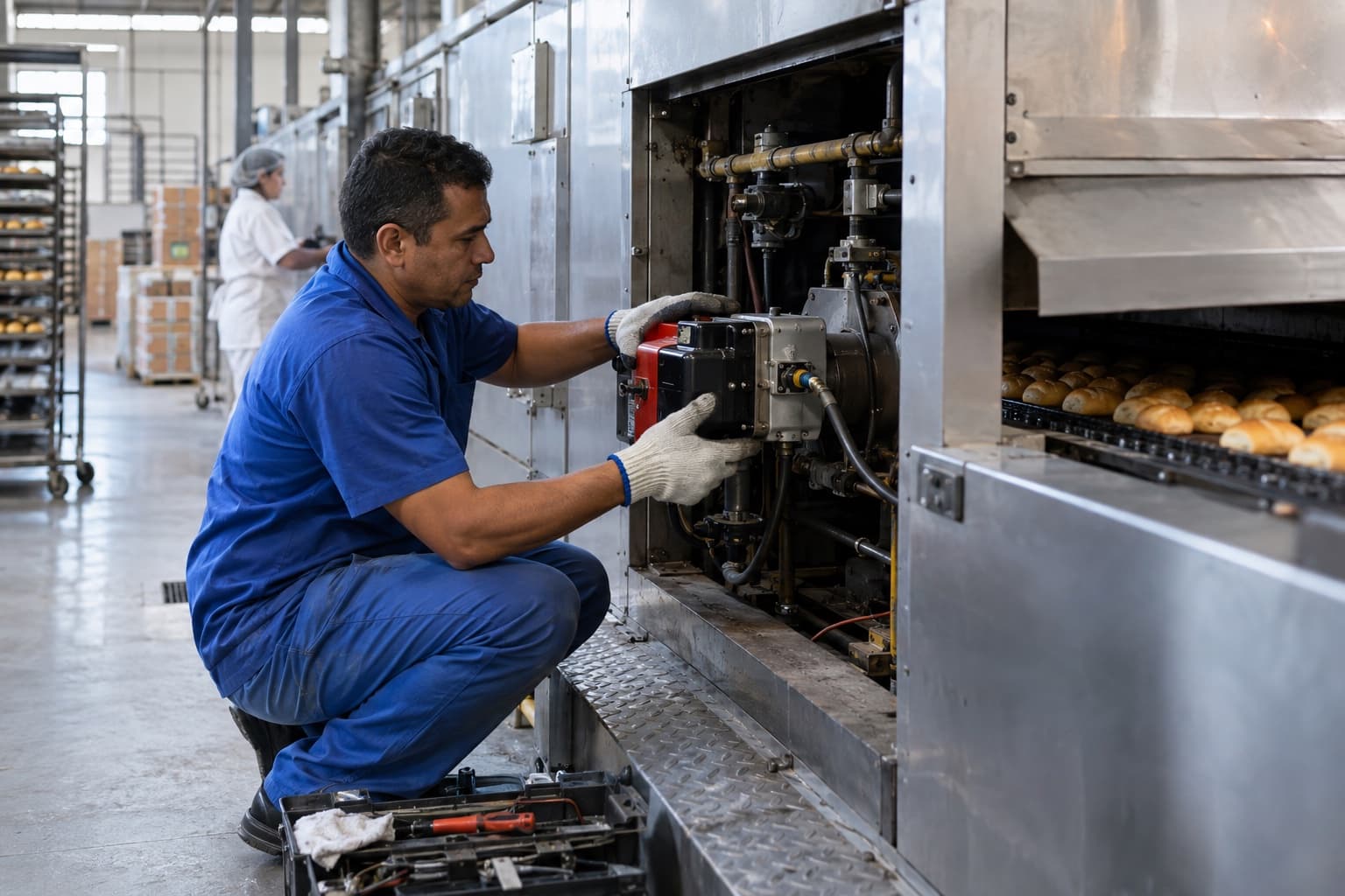 Técnico de manutenção de uniforme azul e luvas trocando um queimador em um grande forno túnel de panificação industrial, com painéis abertos