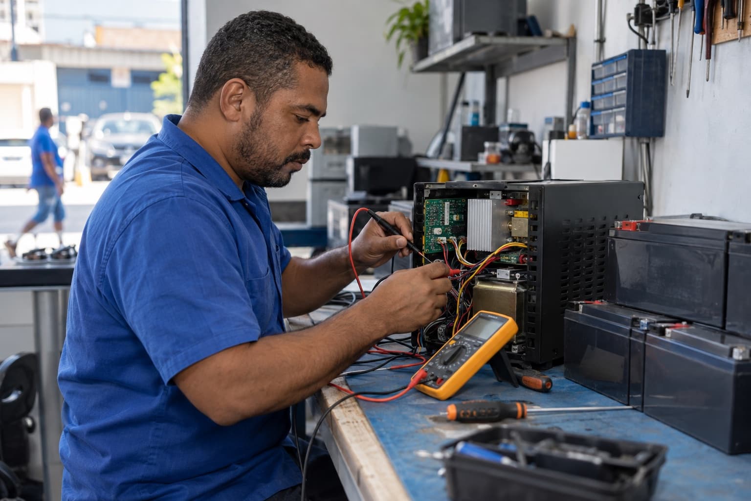 Técnico de eletrônica de camisa azul testando com multímetro um nobreak aberto sobre a bancada, com baterias empilhadas ao lado