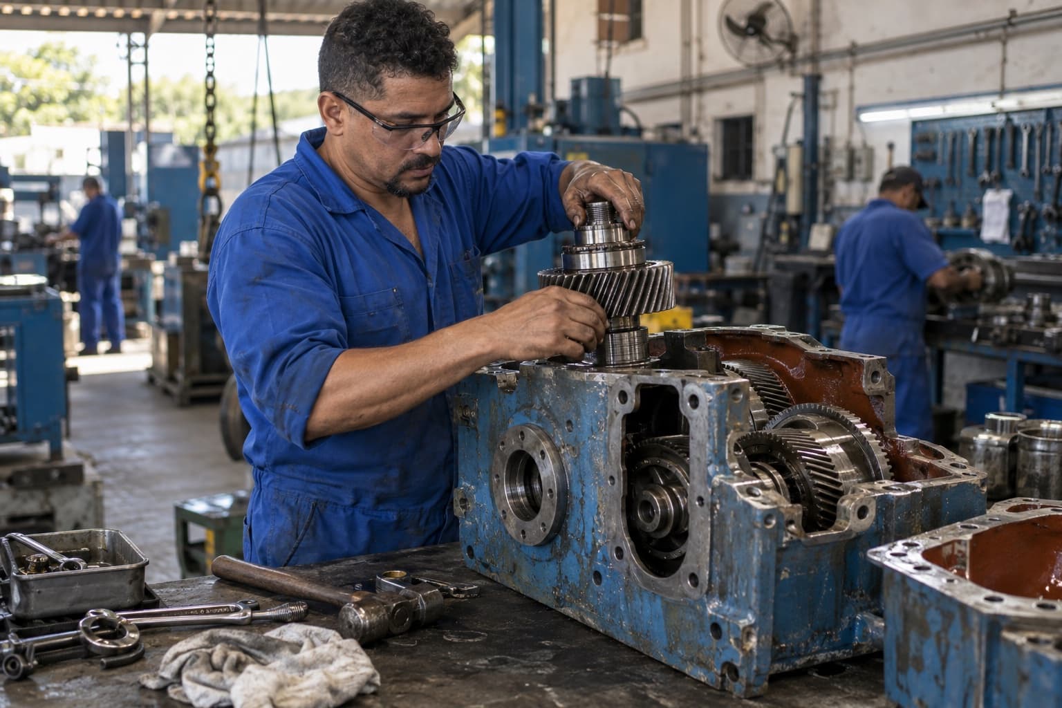 Mecânico industrial de macacão azul desmontando um grande redutor de engrenagens sobre uma bancada numa oficina de manutenção pesada