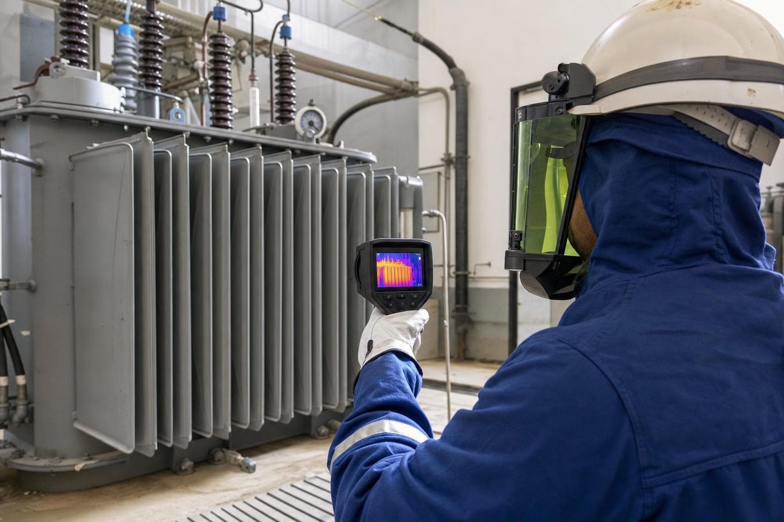 Eletricista com vestimenta de proteção inspecionando um transformador em uma cabine primária industrial