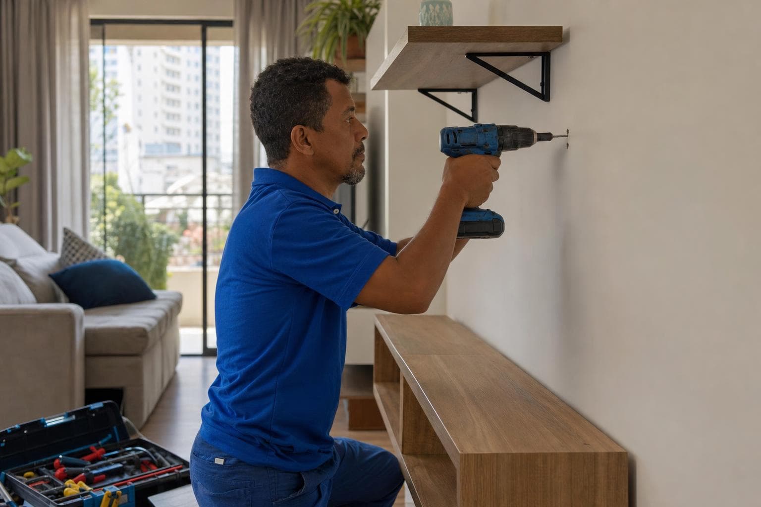 Profissional de pequenos reparos furando a parede para instalar uma prateleira em uma sala