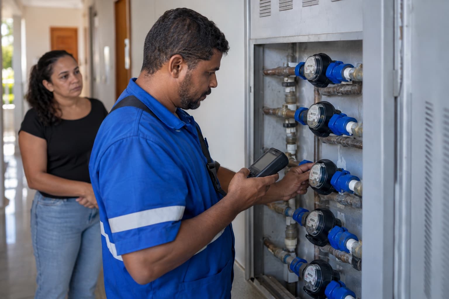 Técnico de uniforme azul lendo hidrômetros individuais num quadro de medidores no corredor de um condomínio, com um leitor portátil na mão