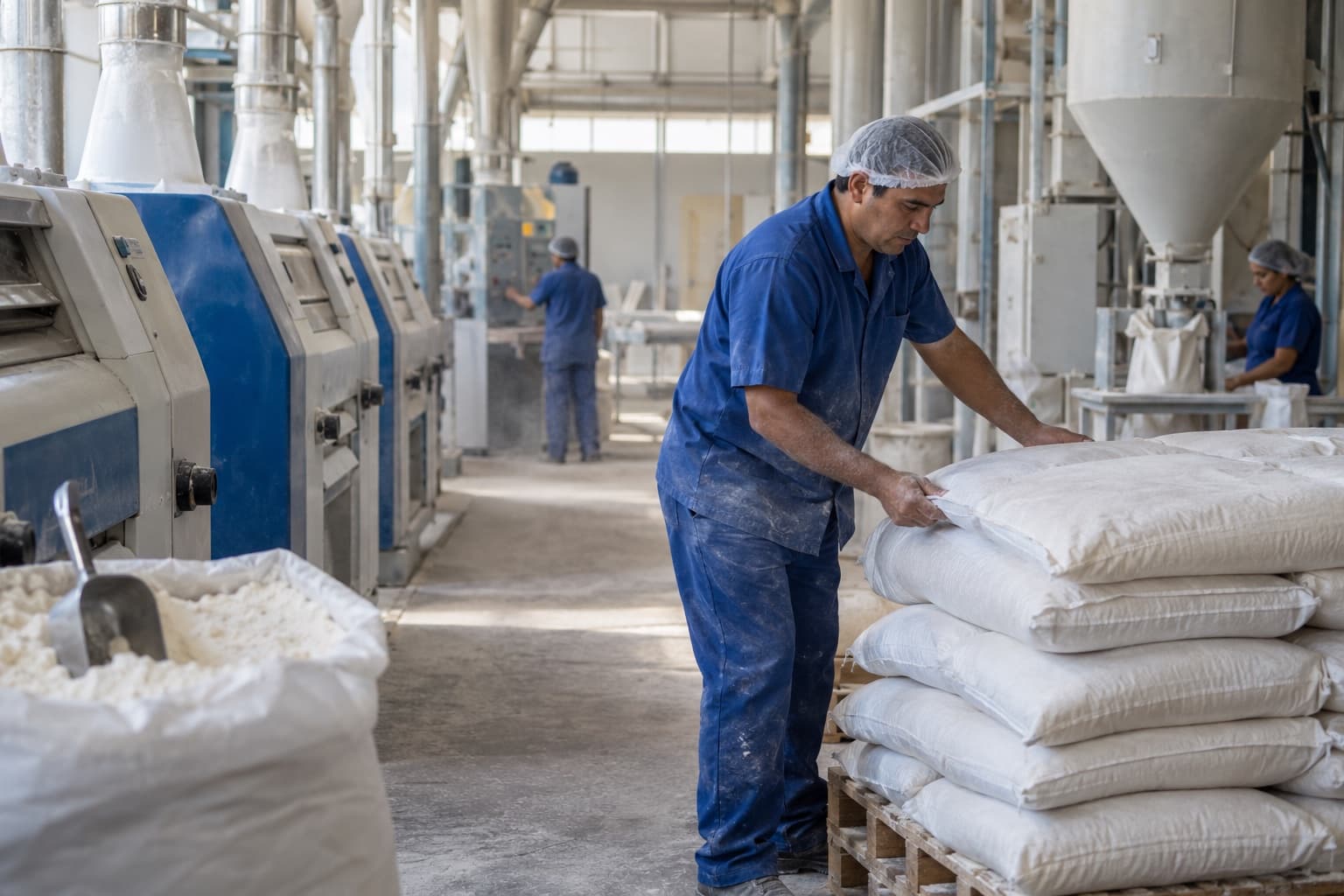 Operário de uniforme azul e touca conferindo sacos de farinha num palete dentro de um moinho de trigo, com bancos de cilindros e peneiras ao fundo