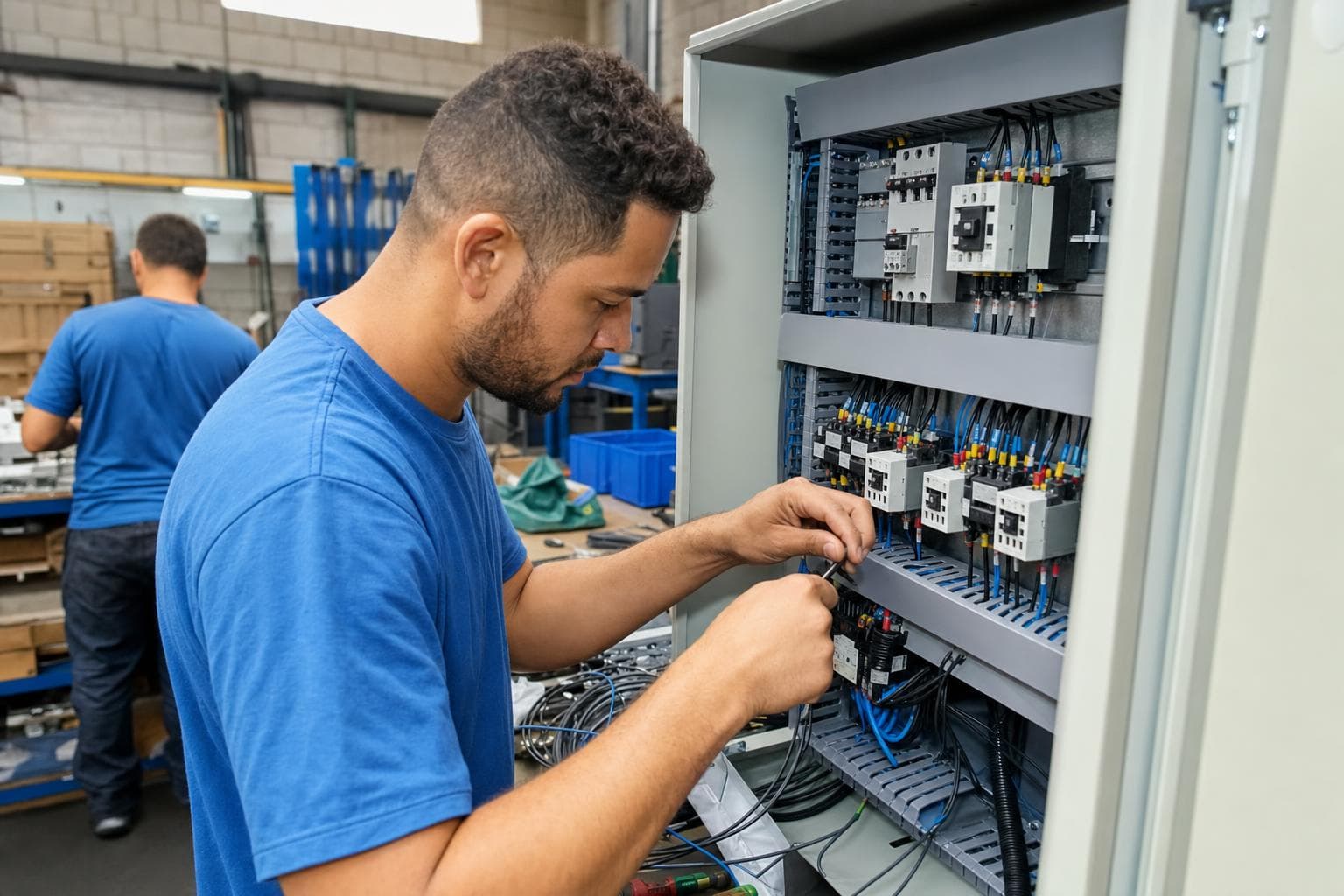 Eletricista montando disjuntores e cabos em um painel elétrico aberto na bancada de montagem