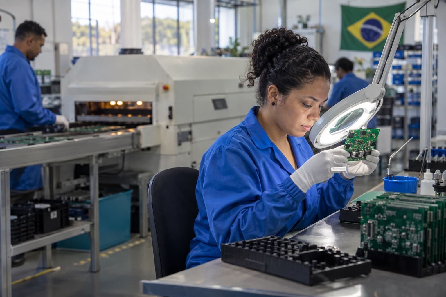 Técnica de jaleco azul inspecionando com lupa uma placa de circuito impresso recém-saída do forno de refusão numa linha de montagem SMT