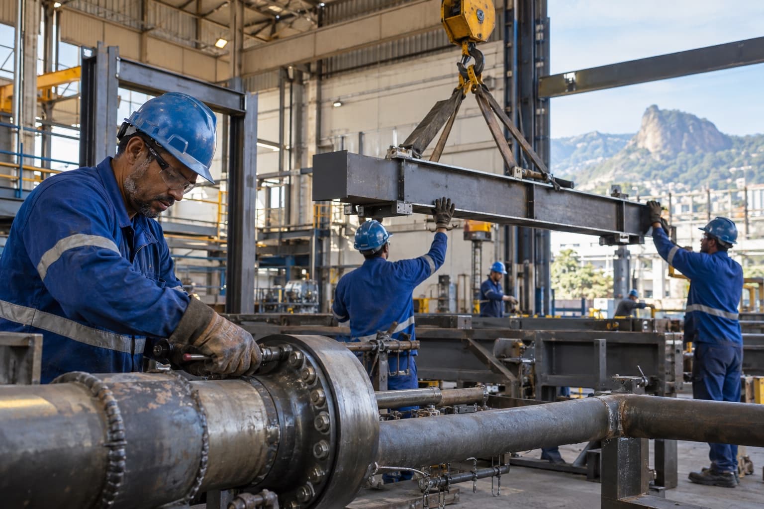 Equipe de macacão azul e capacete montando estruturas de aço e tubulação dentro de fábrica com ponte rolante
