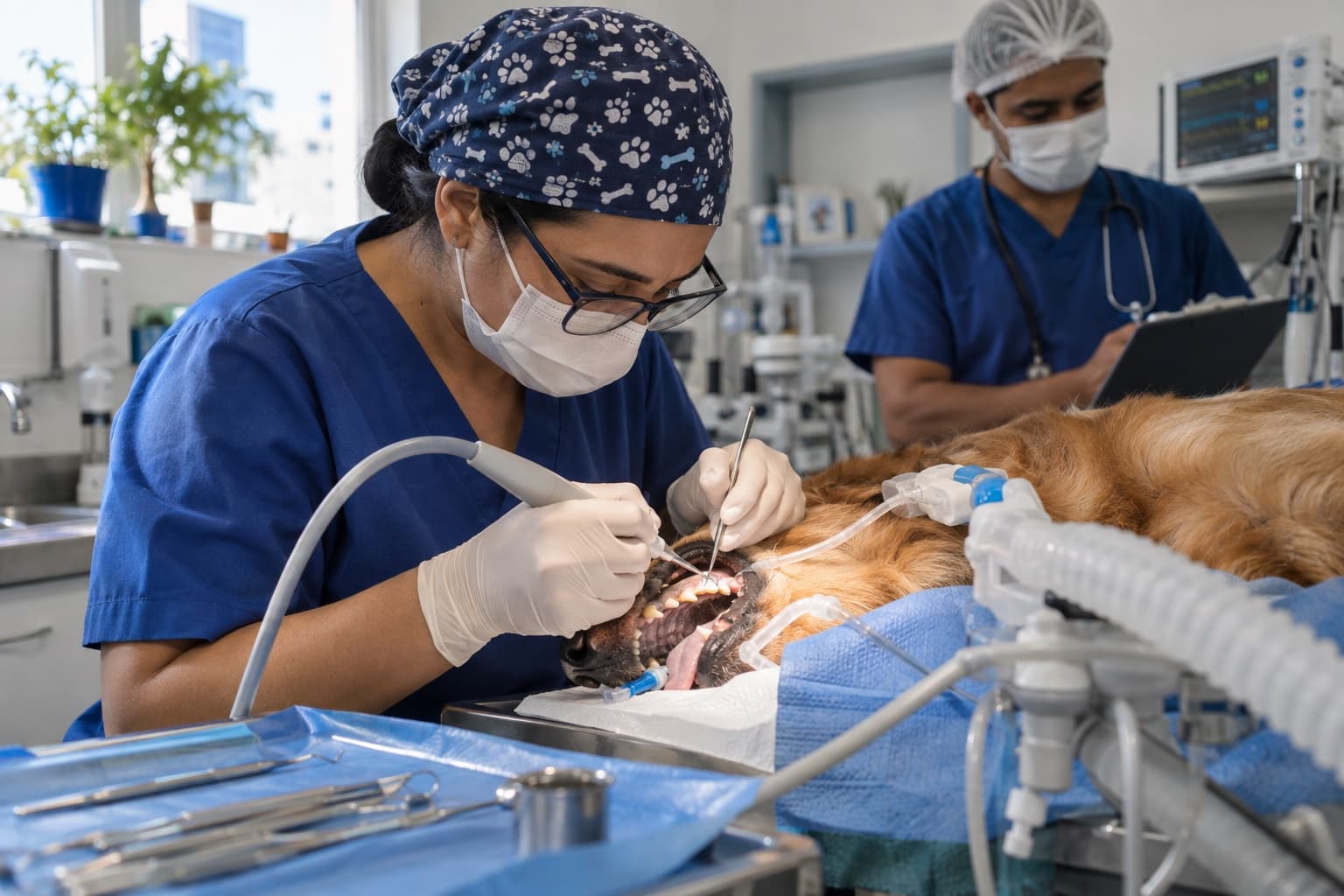 Veterinária dentista de touca e luvas azuis fazendo limpeza nos dentes de um cachorro anestesiado com equipamento odontológico