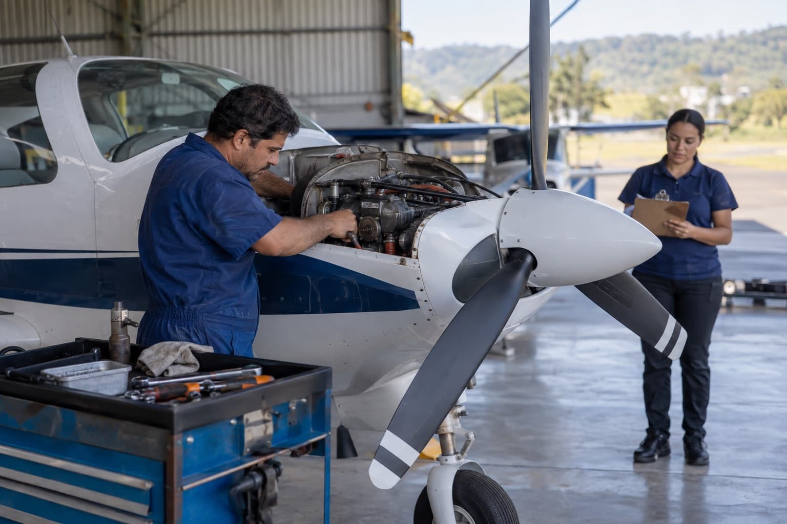 Mecânico de aeronaves inspecionando o motor de um avião monomotor a hélice dentro de um hangar, com carrinho de ferramentas e prancheta de documentação ao lado