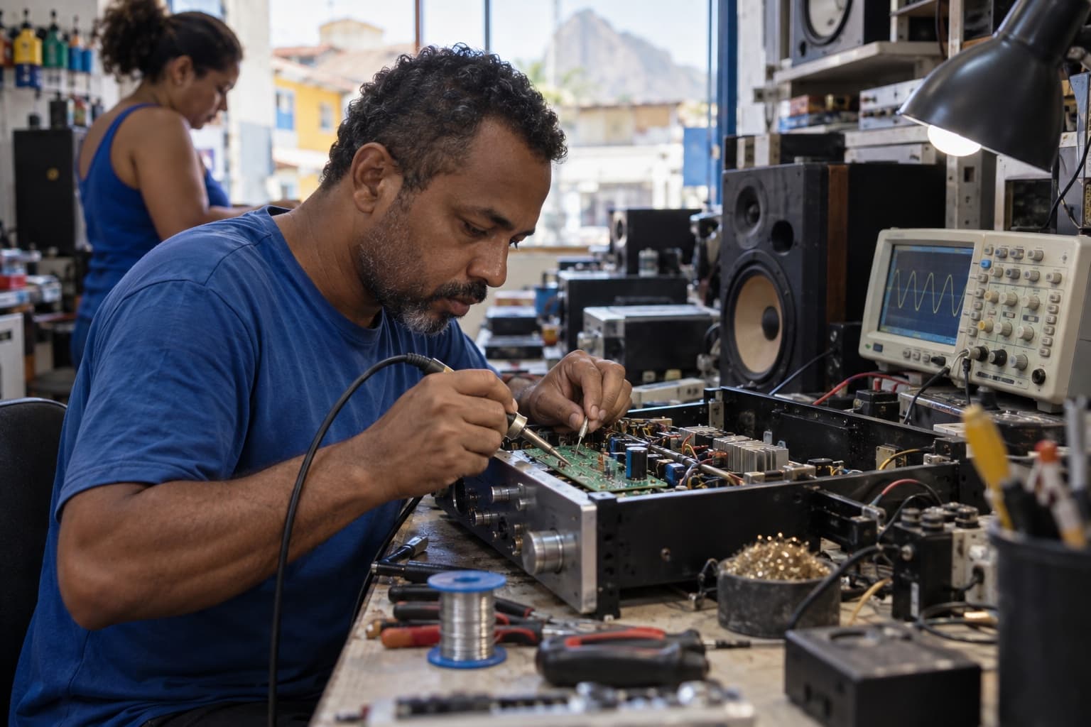 Técnico soldando a placa de um amplificador antigo numa bancada com osciloscópio e caixas de som ao redor