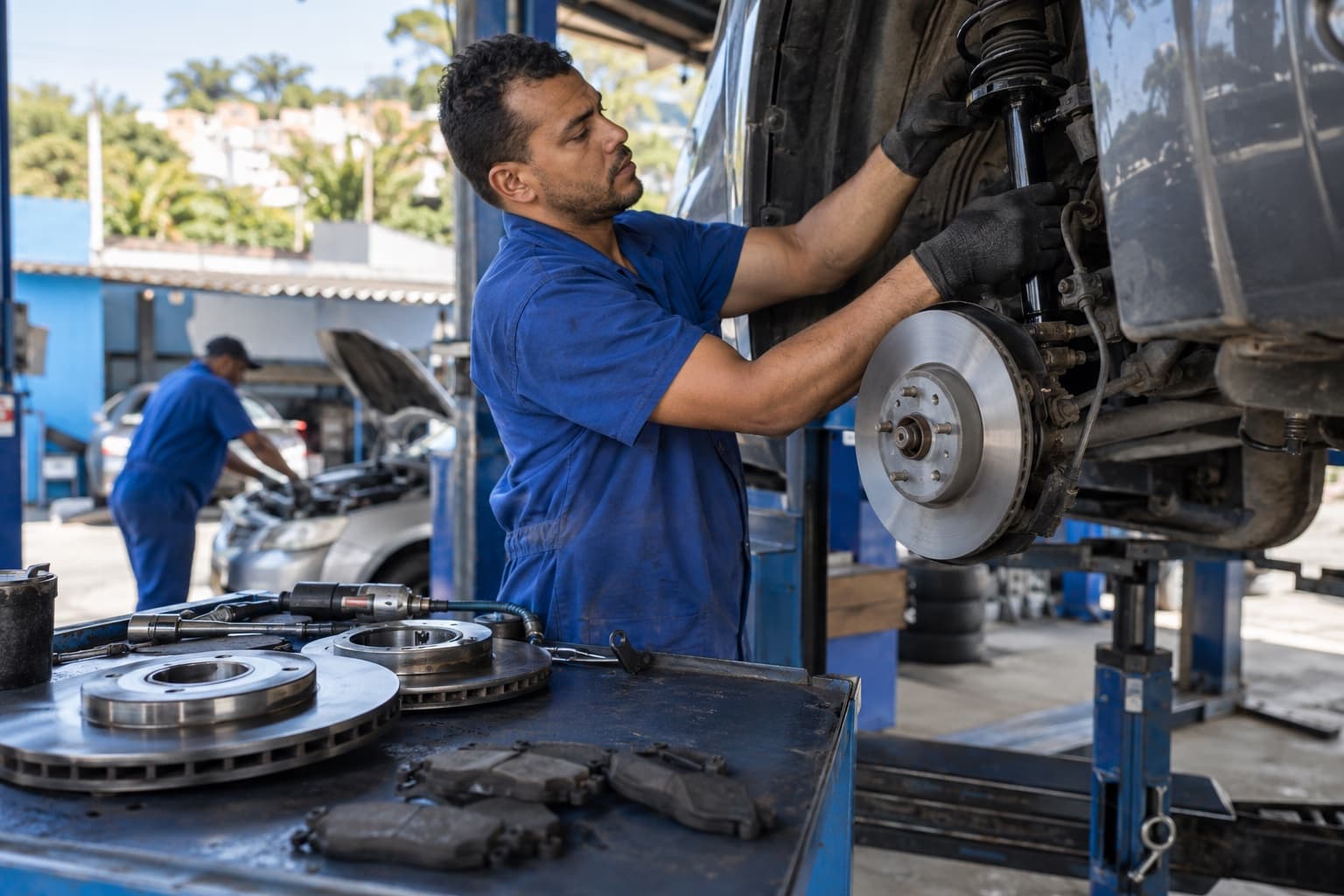 Mecânico de uniforme azul trocando o amortecedor de um carro elevado numa rampa, com discos e pastilhas de freio sobre a bancada