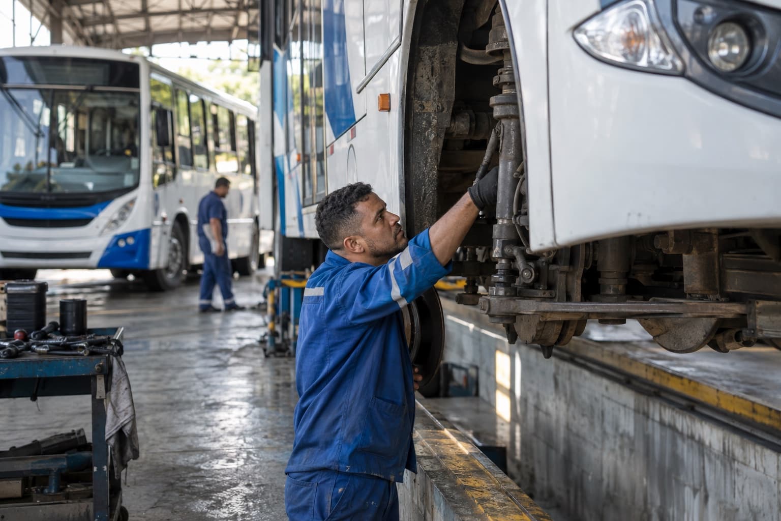 Mecânico de macacão azul inspecionando a suspensão dianteira de um ônibus urbano sobre o fosso de uma oficina de ônibus