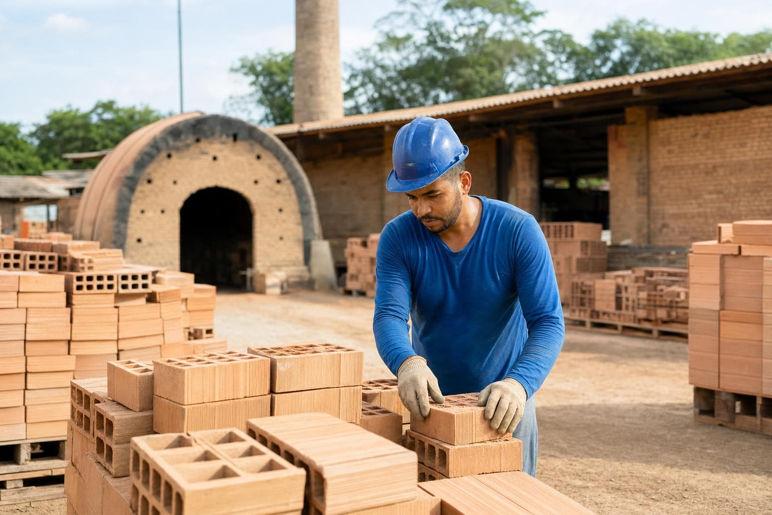 Funcionário empilhando tijolos recém-queimados no pátio de uma olaria