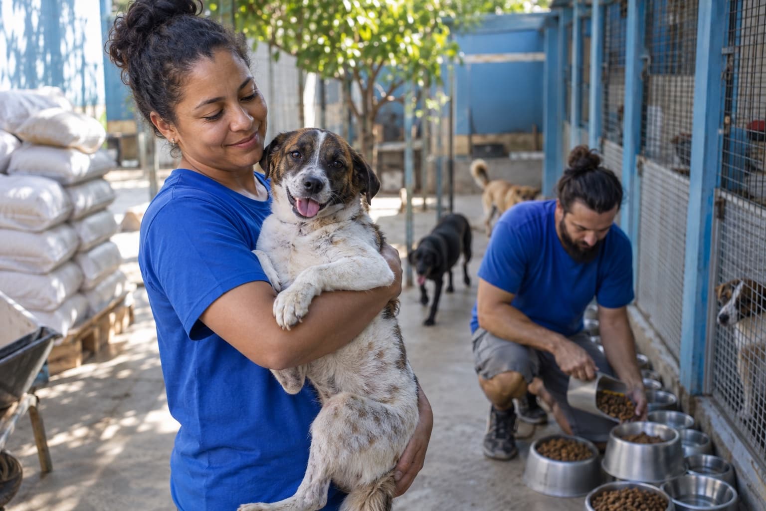Voluntária de camiseta azul segurando um cachorro resgatado enquanto outro voluntário enche potes de ração, com canis e sacos de ração doados ao fundo