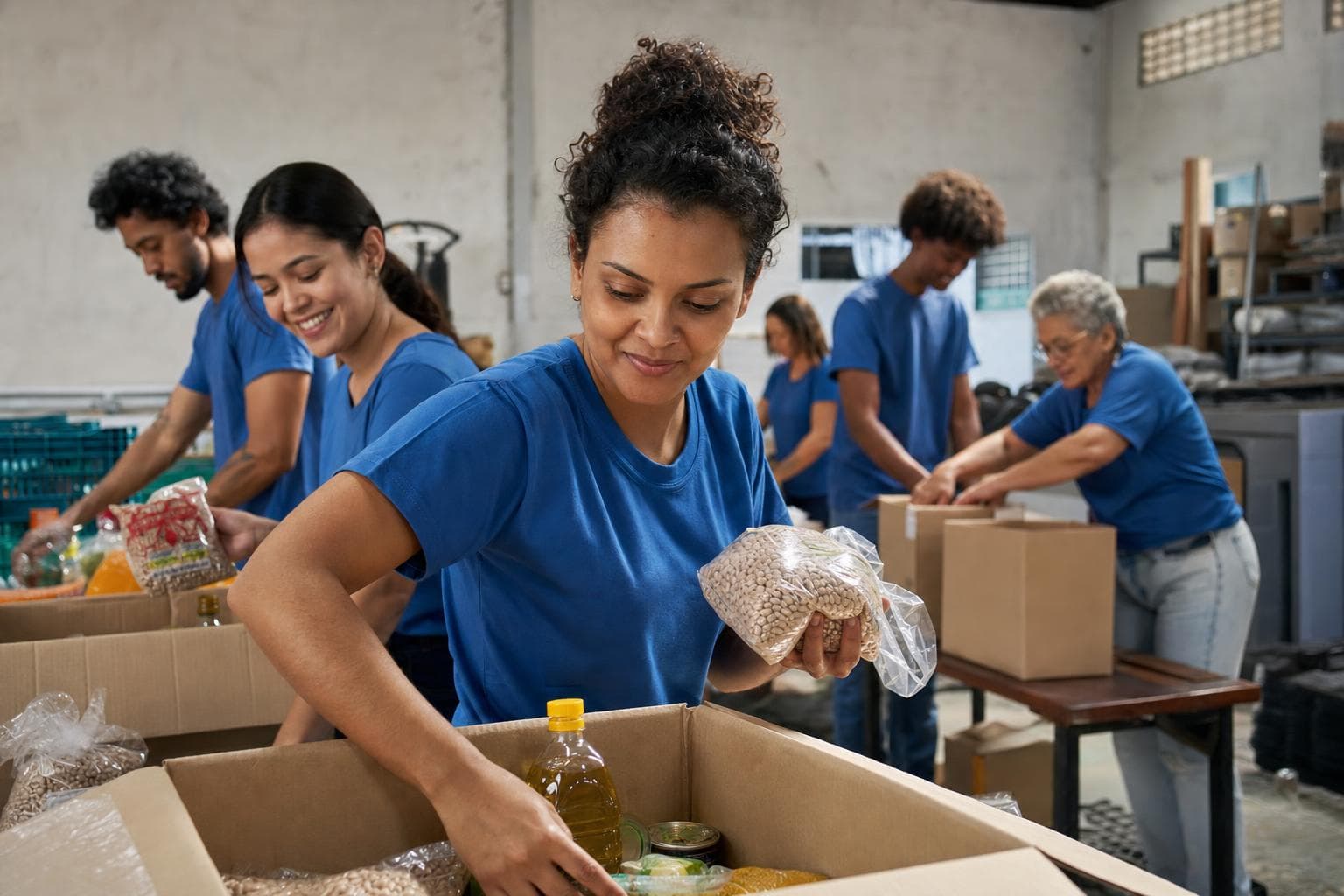 Voluntários organizando cestas básicas em mesas de um galpão comunitário