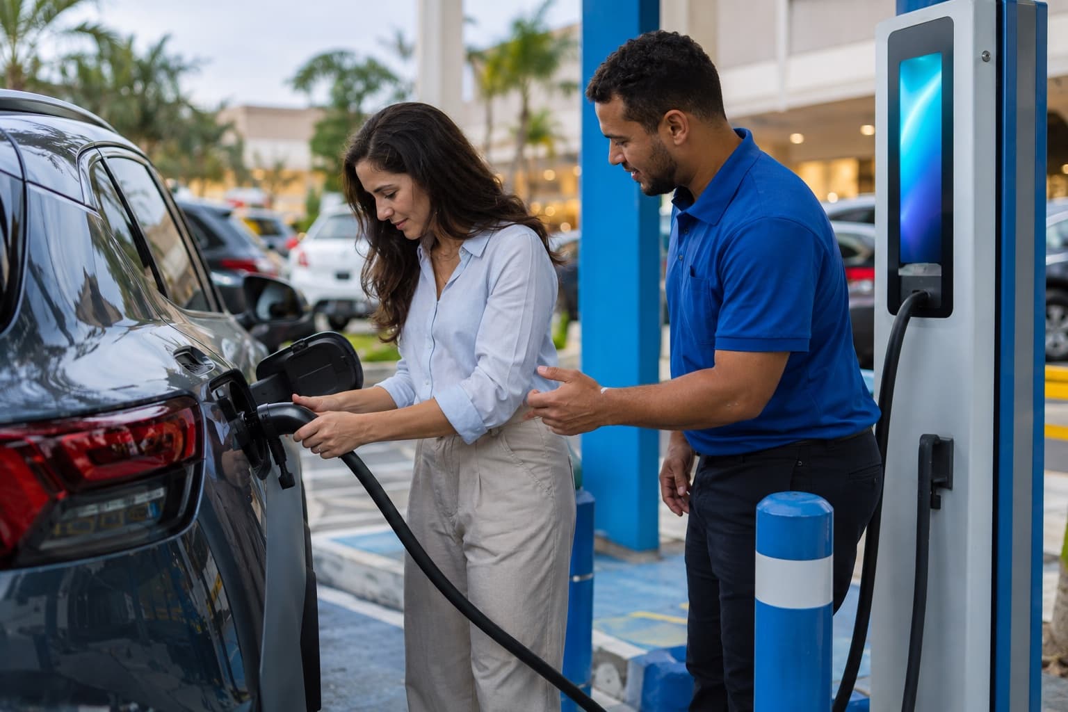 Motorista conectando o cabo de recarga num carro elétrico no estacionamento de um shopping, com atendente de camisa azul ajudando ao lado do carregador