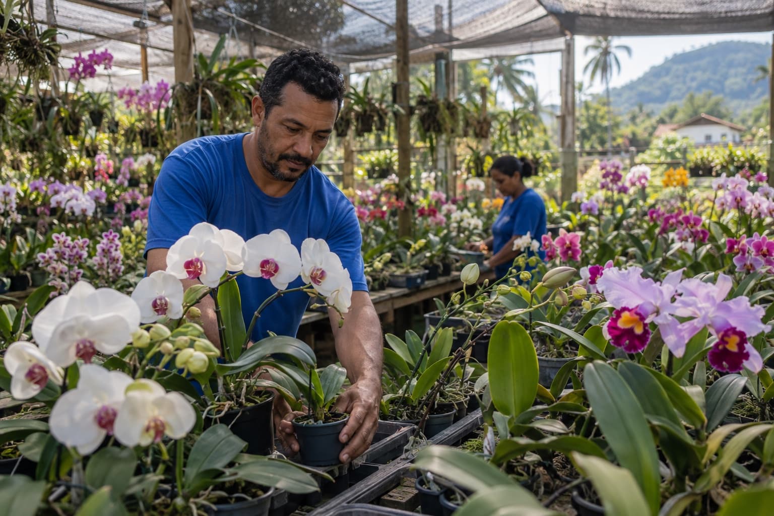 Produtor de camisa azul organizando vasos de orquídeas de várias espécies em bancadas de uma estufa com tela de sombreamento e phalaenopsis e cattleyas floridas