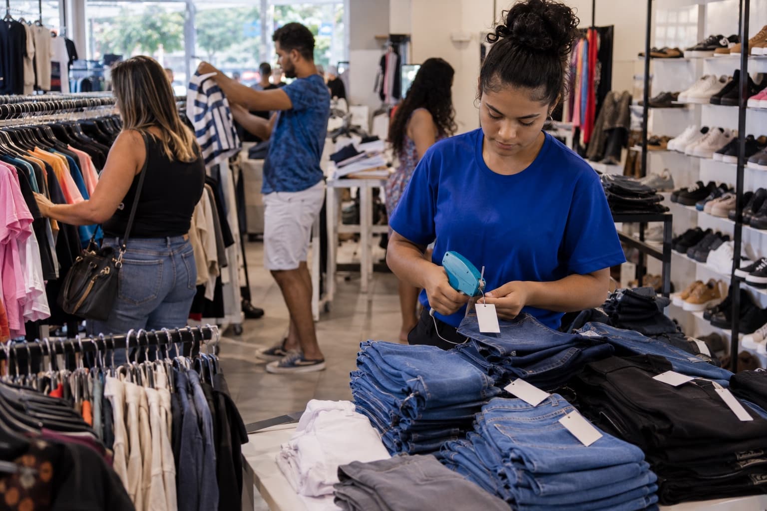 Vendedora de camisa azul etiquetando peças em araras de roupas e prateleiras de calçados com desconto num outlet, com clientes escolhendo ao fundo
