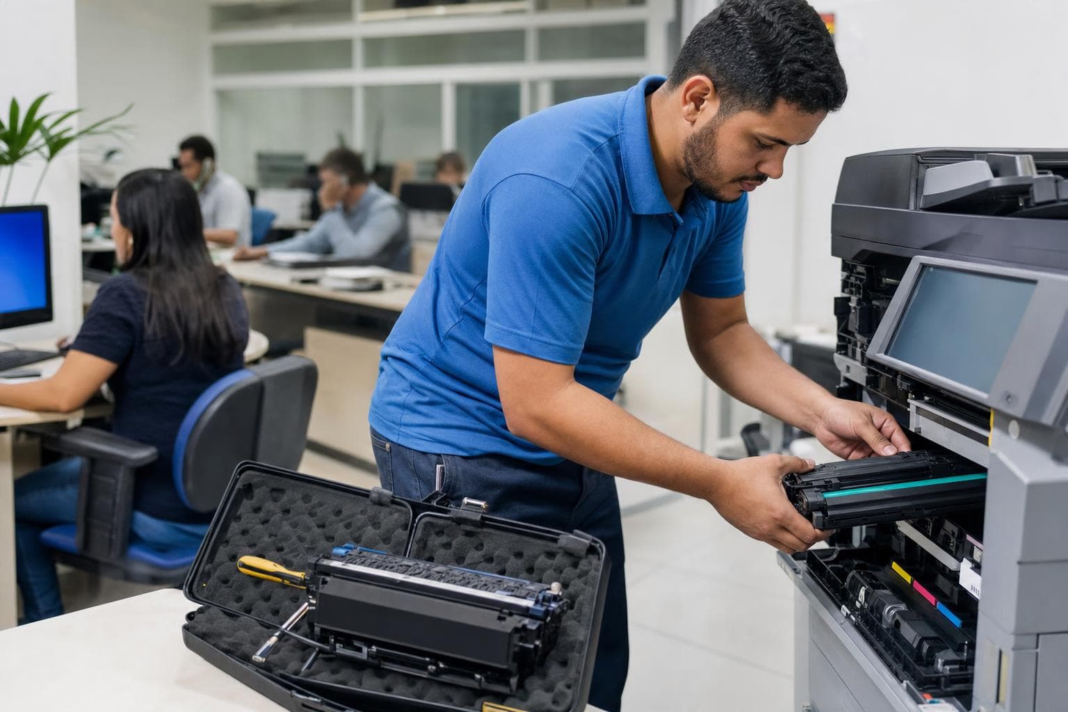 Técnico trocando o toner de uma multifuncional em um escritório