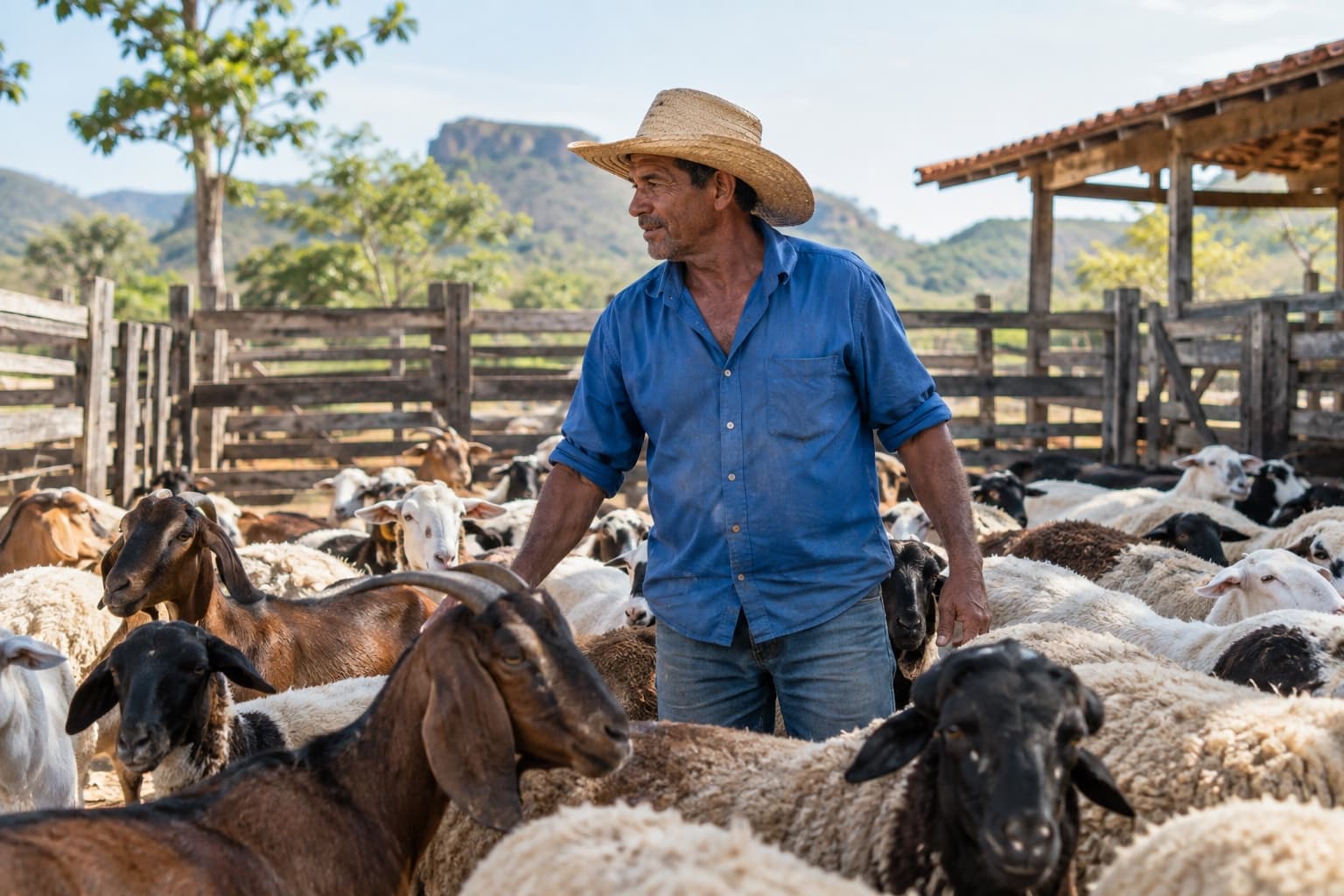 Criador de camisa azul e chapéu de palha no meio de um rebanho de ovelhas e cabras num curral de madeira em fazenda brasileira pela manhã