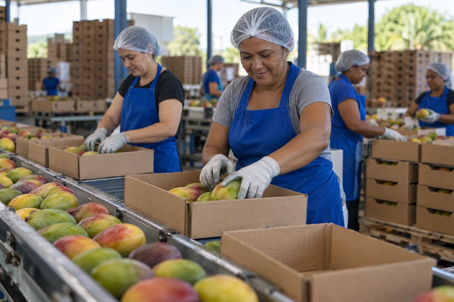 Mulheres de avental azul e touca selecionando e embalando mangas em caixas de papelão numa esteira, com caixas paletizadas ao fundo