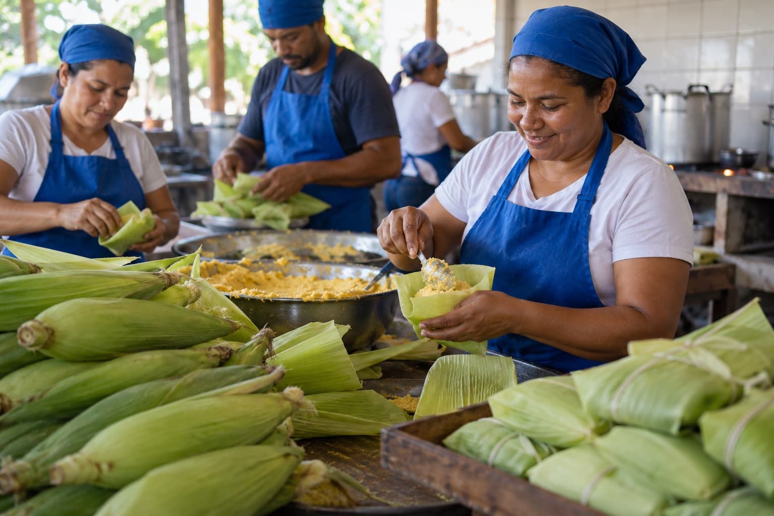 Cozinheiras de avental azul enchendo palhas de milho com massa para fazer pamonhas na cozinha movimentada de uma pamonharia, com pilhas de milho verde