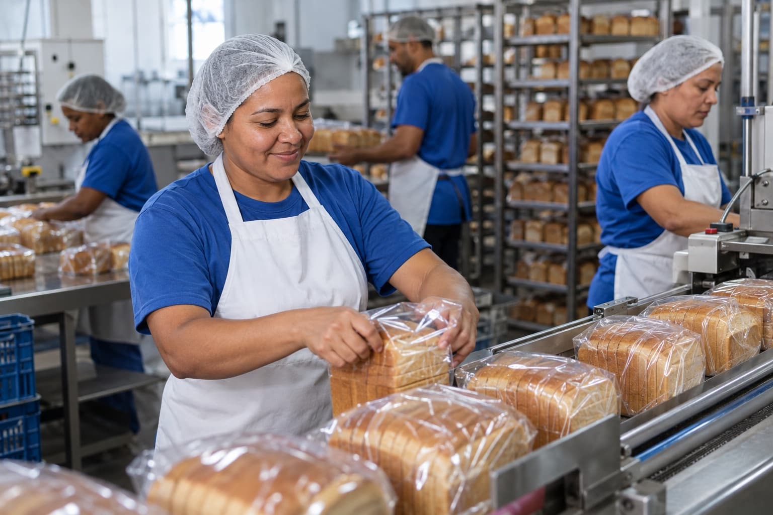 Funcionárias de touca embalando pães de forma fatiados numa linha de produção, com carrinhos de pães ao fundo