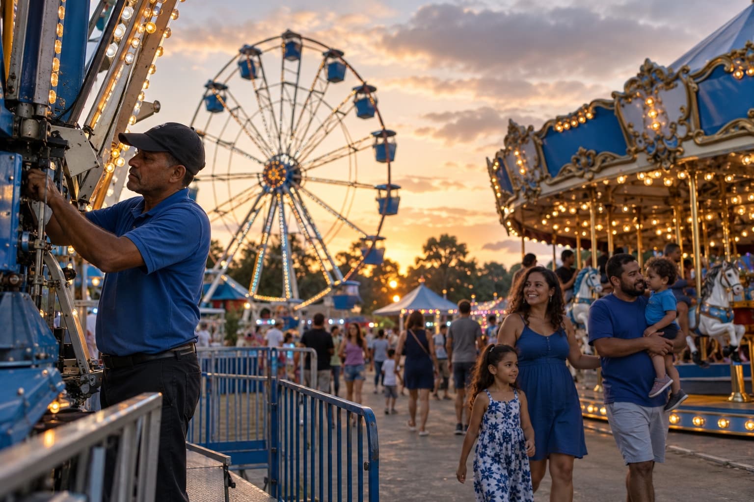 Pequeno parque de diversões ao entardecer com roda-gigante e carrossel, operador conferindo um brinquedo e famílias passeando