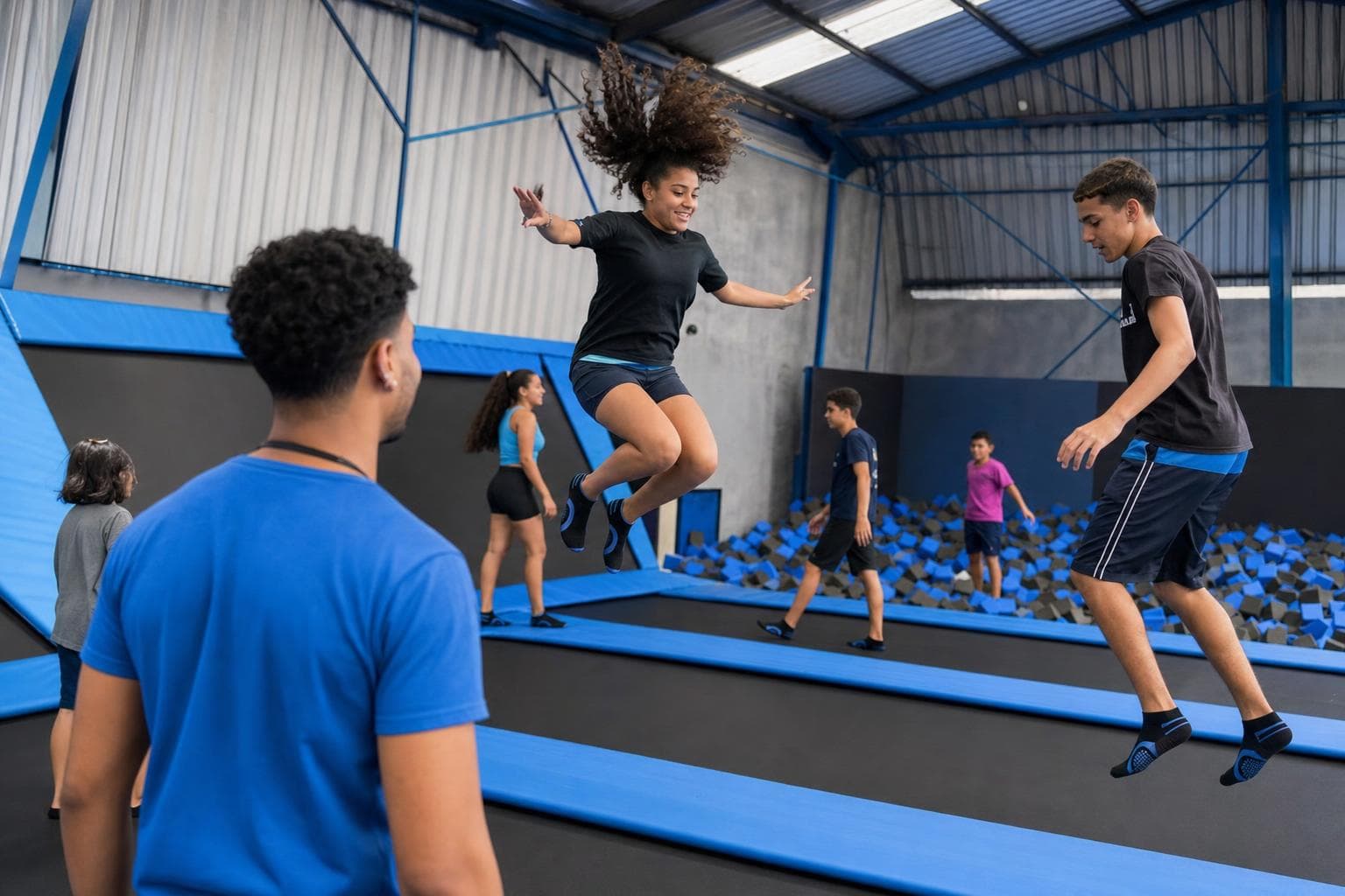 Crianças pulando em camas elásticas em um parque de trampolim indoor
