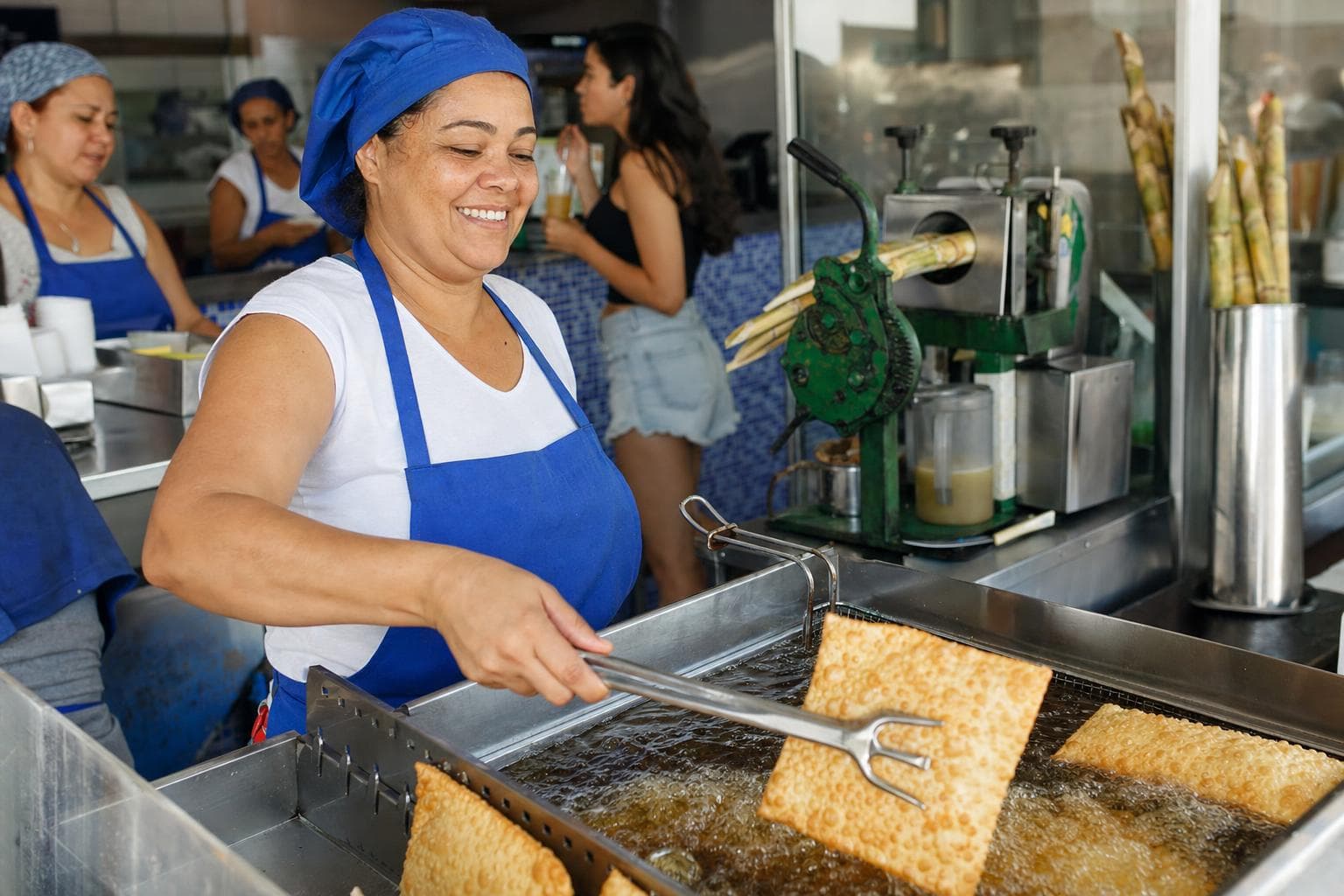 Pasteleiro fritando pastéis em tacho de óleo no balcão de uma pastelaria