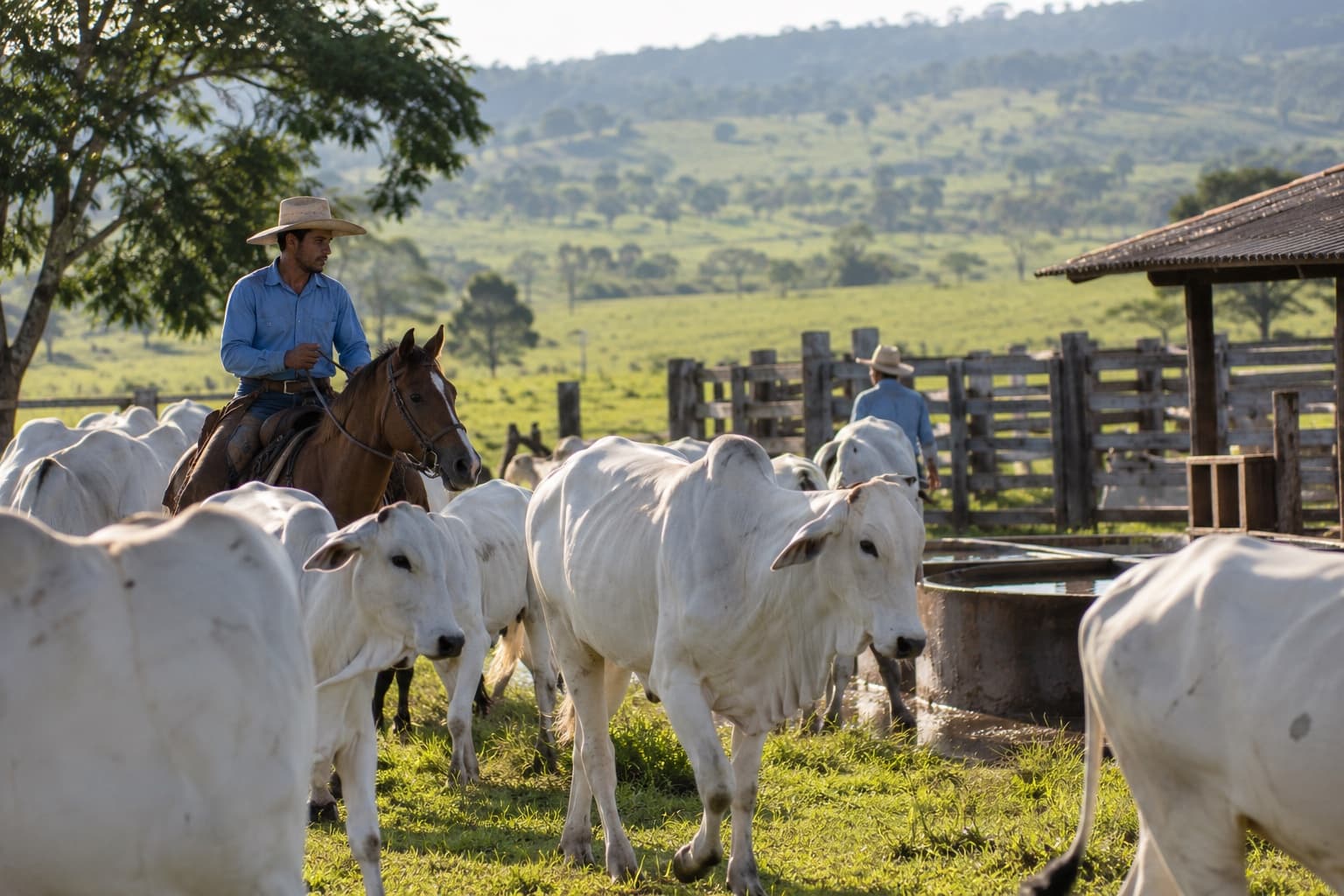 Vaqueiro de camisa azul a cavalo tocando gado nelore branco num pasto verde, com curral de madeira e bebedouro ao fundo, de manhã