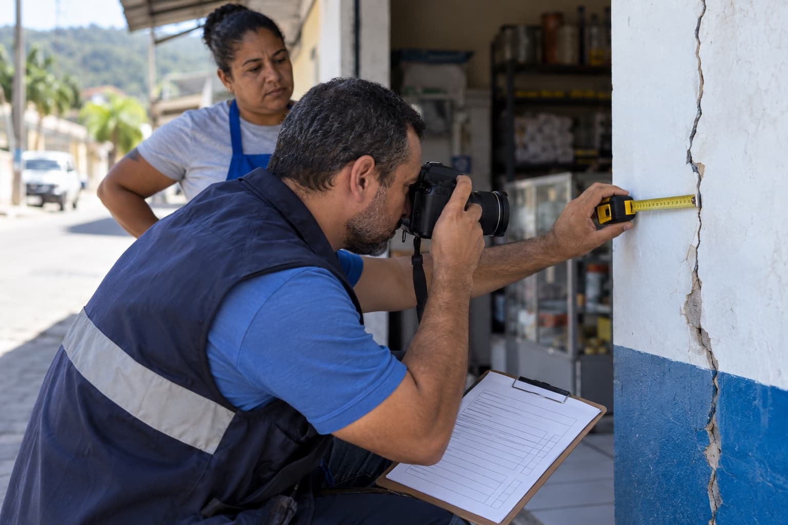 Perito fotografando uma rachadura em parede de prédio e medindo com trena, segurando uma prancheta com formulário