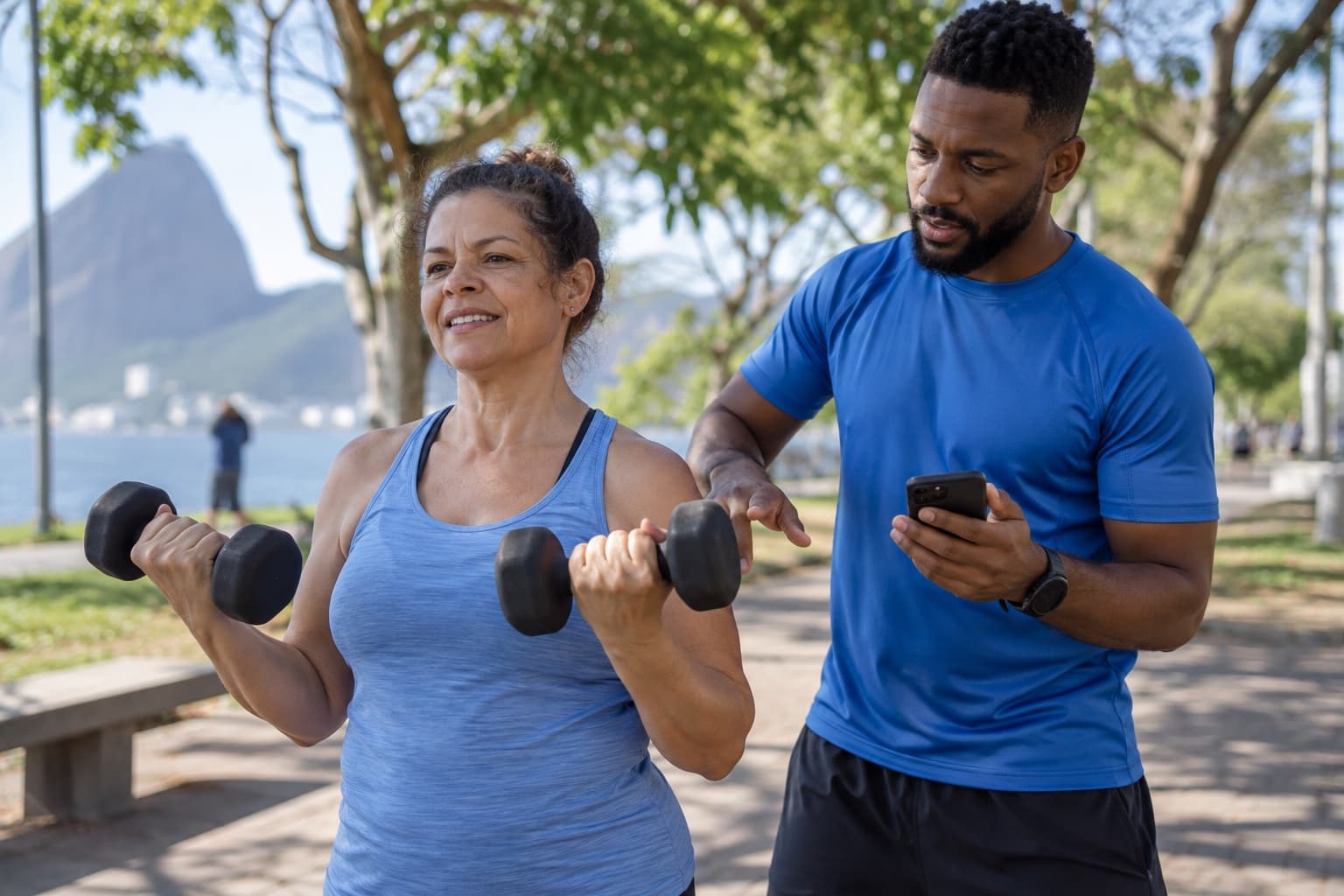 Personal trainer orientando uma aluna de meia-idade em exercício com halteres num parque pela manhã