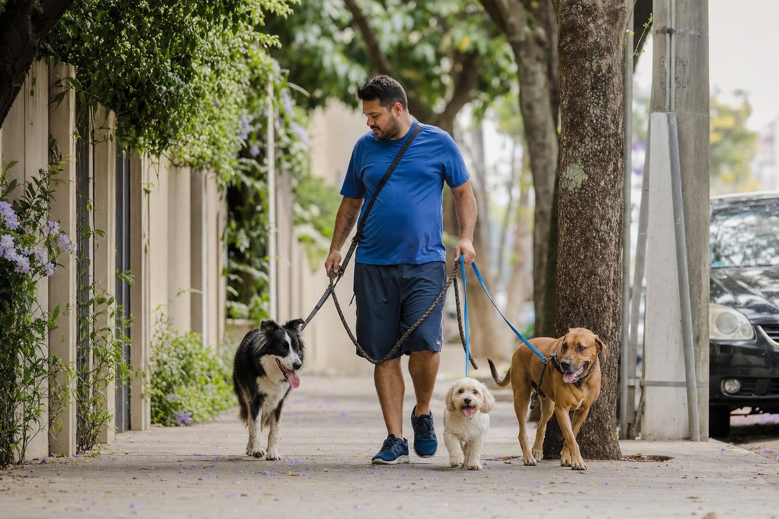 Passeadora de cães caminhando com três cães na coleira por uma rua arborizada