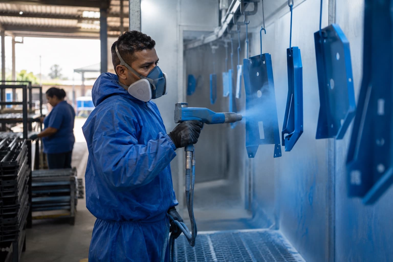 Pintor de macacão azul aplicando tinta em pó eletrostática em peças de metal penduradas num transportador dentro da cabine de pintura