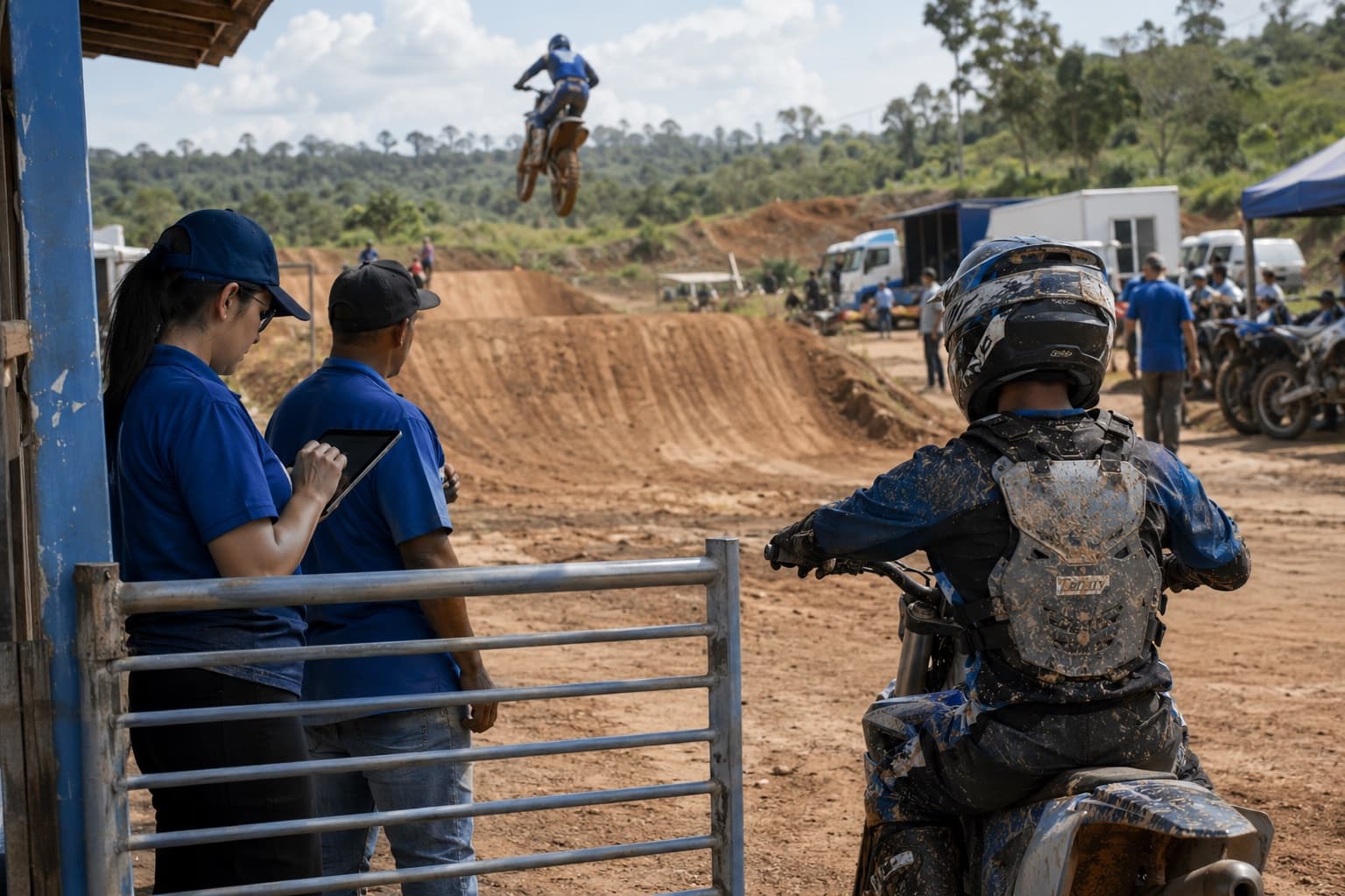 Piloto saltando rampa de terra em pista de motocross, funcionário de azul na entrada registrando pilotos em tablet