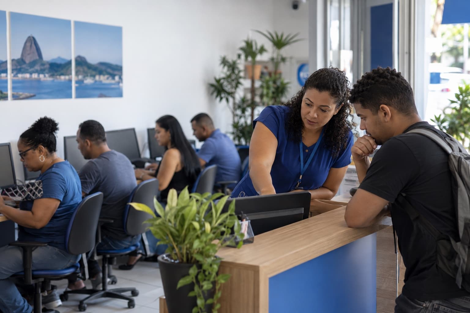 Polo de educação a distância com alunos adultos fazendo prova em computadores e coordenadora de azul na recepção