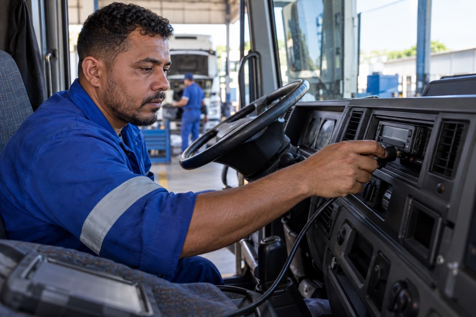 Técnico de uniforme azul conectando um cabo de diagnóstico ao tacógrafo no painel da cabine de um caminhão dentro de uma oficina